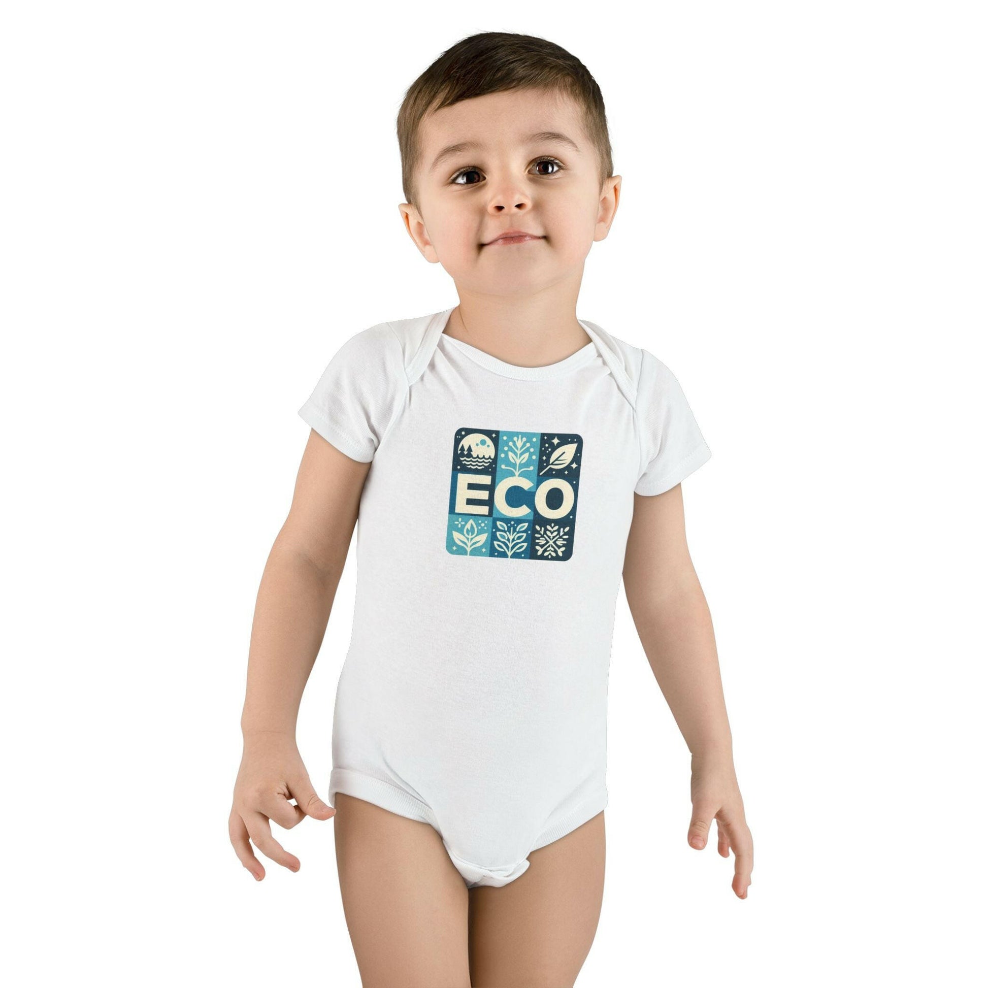 Eco-friendly organic baby bodysuit in soft cotton, perfect for newborns' comfort and environmentally conscious parents.