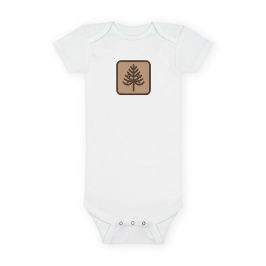 Organic baby bodysuit with unique tree design, eco-friendly infant clothing for sensitive skin